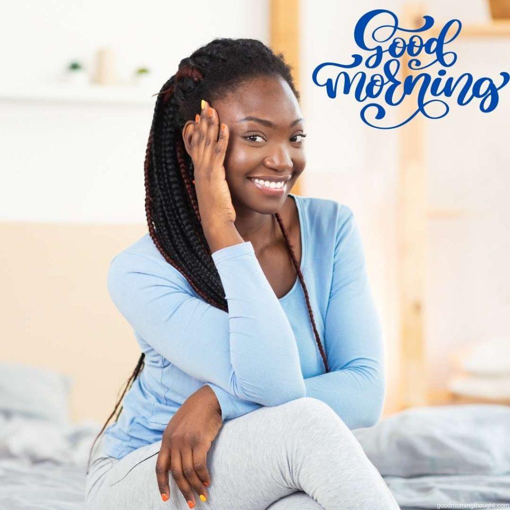 Good Morning. African American Girl In Pyjamas Smiling At Camera Posing Sitting In Bed In Bedroom African American Good Morning Images