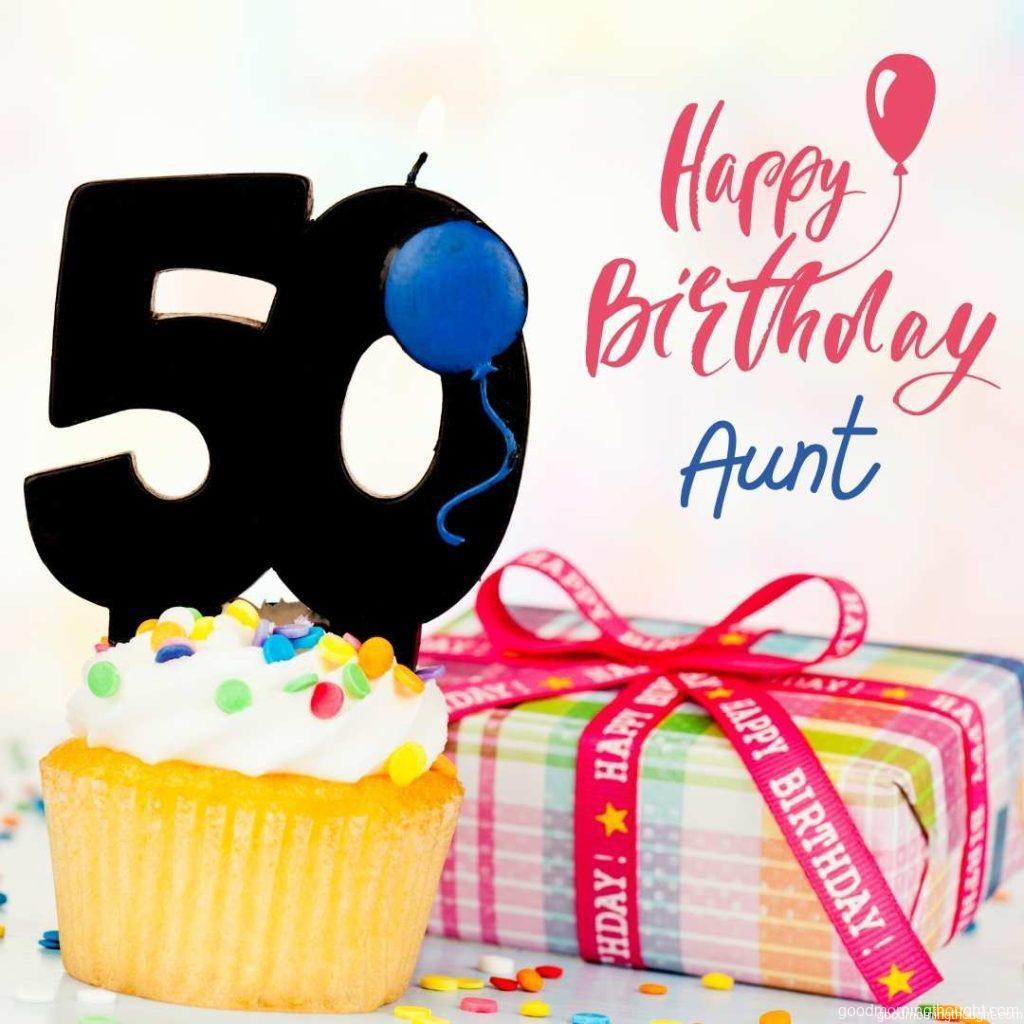 Happy 50th Aunt Birthday! Cupcake with 50 candles and a birthday gift