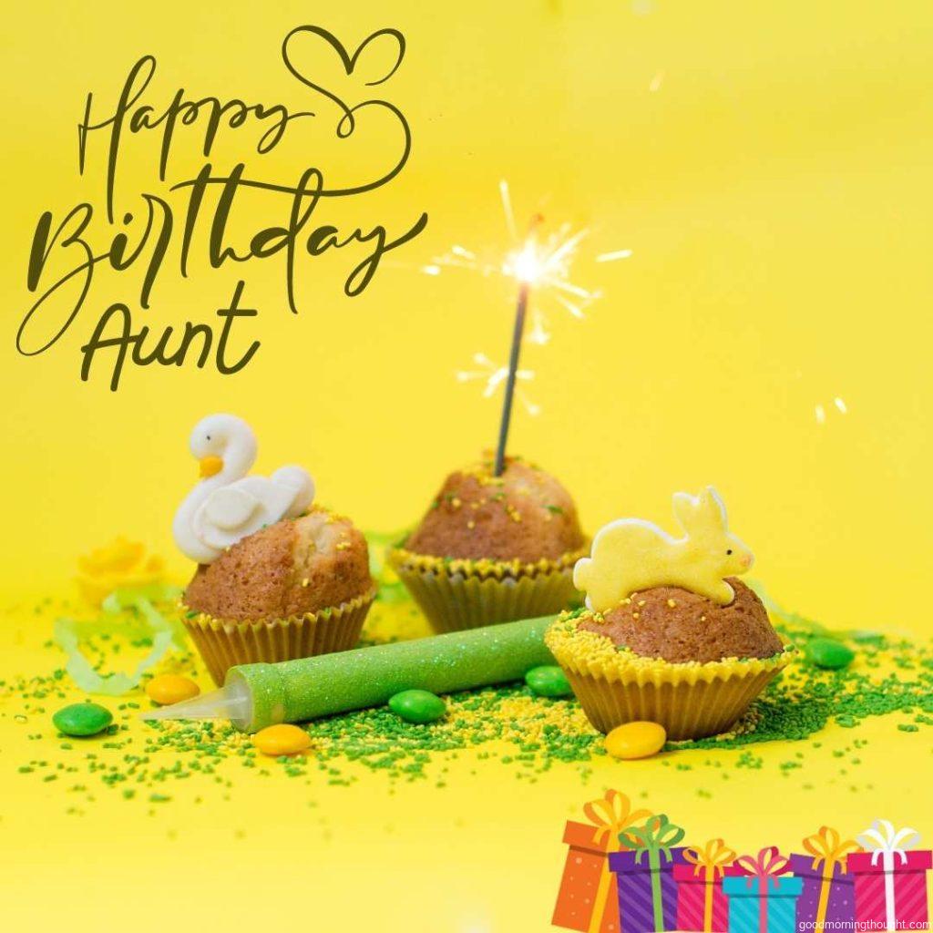 Happy Birthday Aunt_ with vector calligraphy and text birthday cake on a yellow background