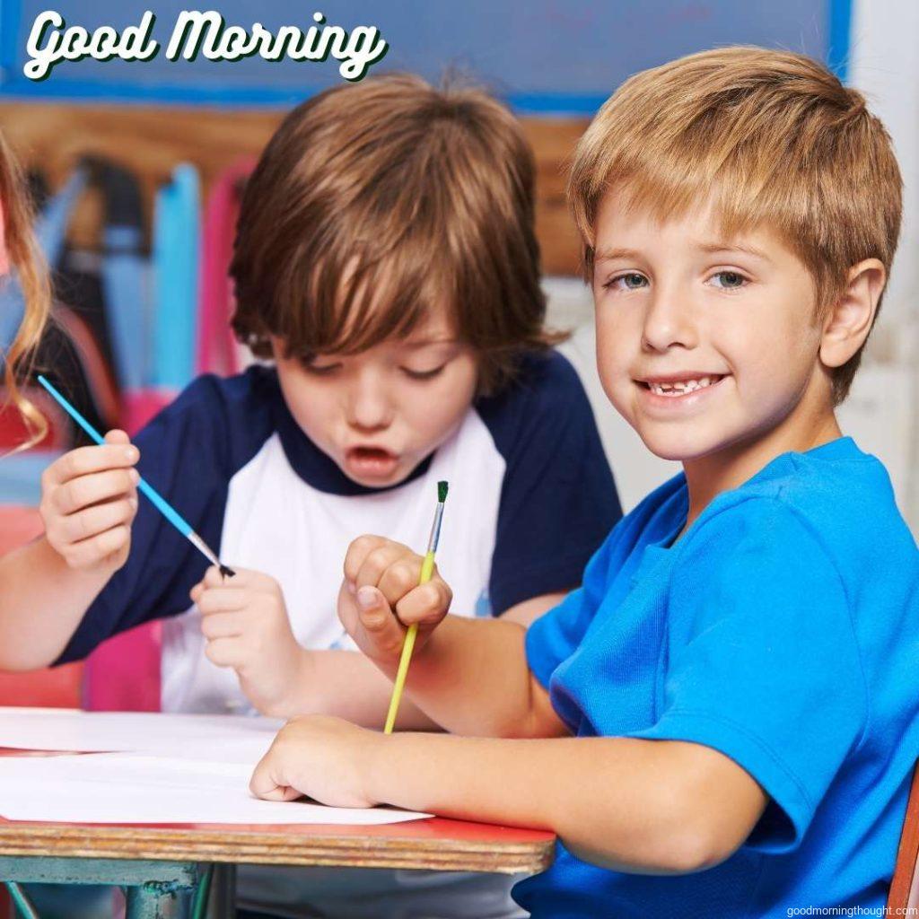 Happy Children painting images in kindergarten with water color and a brush, Happy Good Morning Images