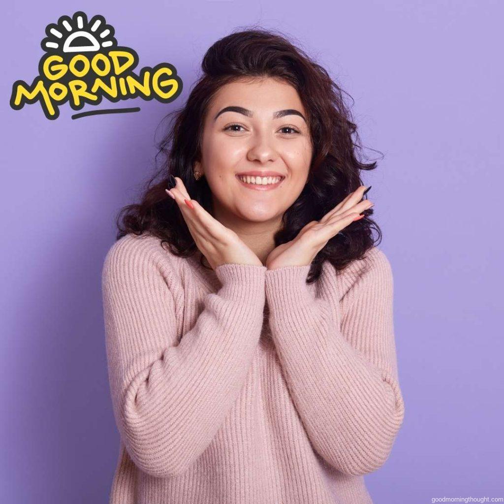 Happy Smiling Female Wearing Casual Rosy Jumper, Looking at Camera with Excited Happy Expression, Lady Smiling Toothily _Good Morning_ text