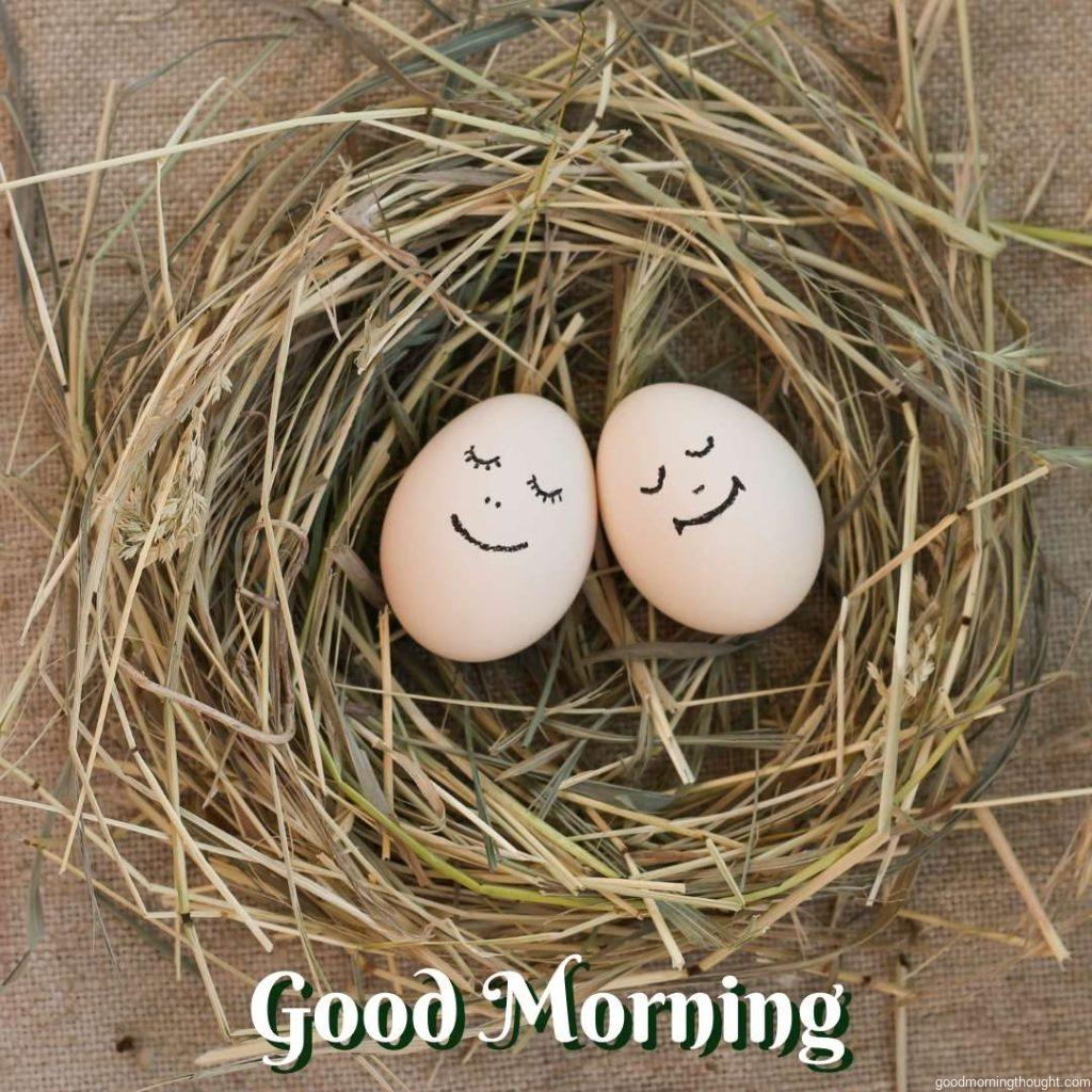 Happy couple in love. Eggs. _Good Morning_ text. Happy Good Morning Images