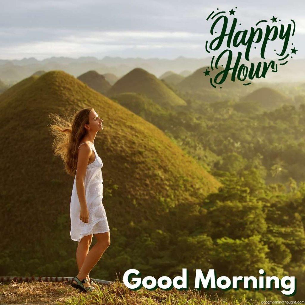 Happy girl at the chocolate hills in Bohol, Philippines. _Good Morning_ text