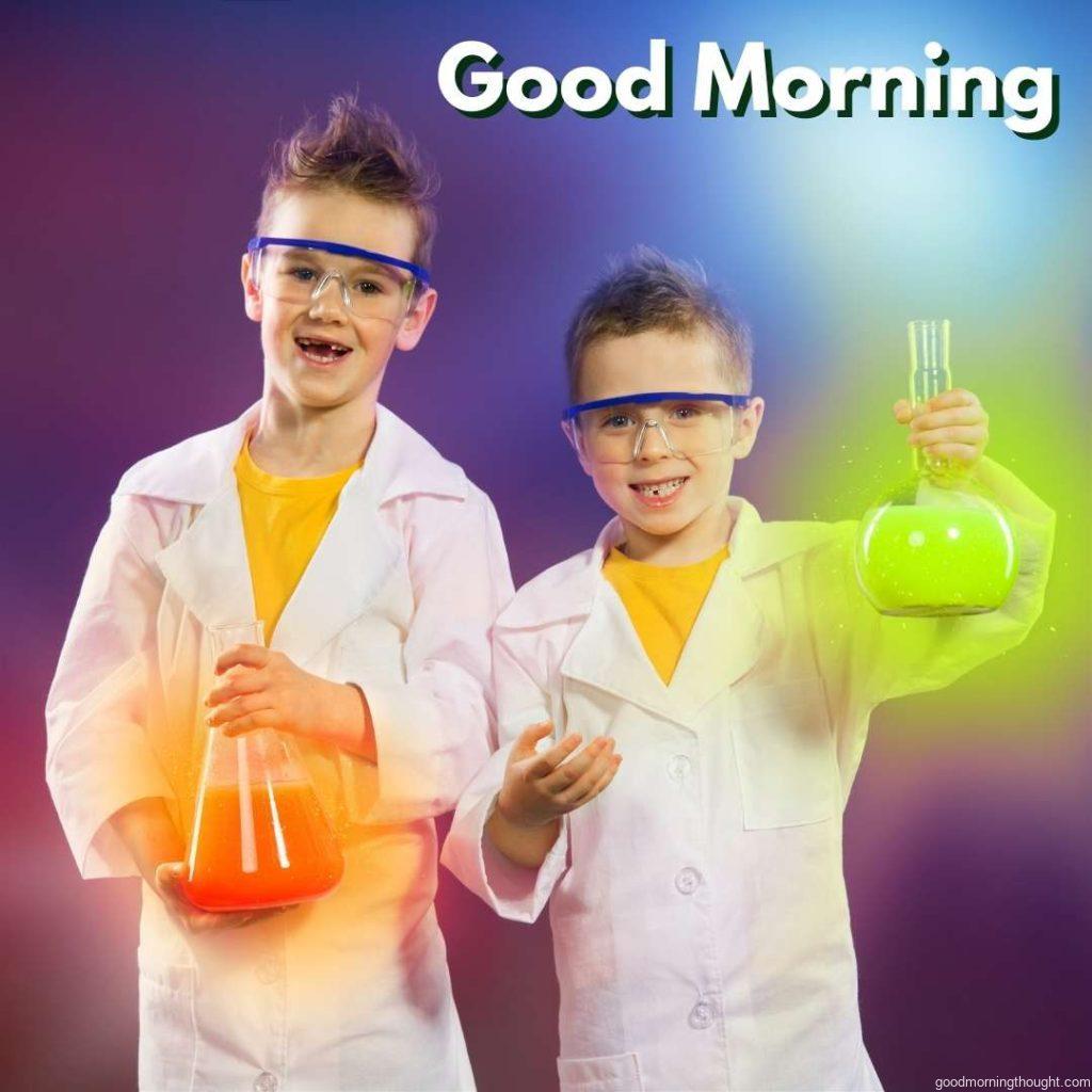 Happy kids doing science experiments in the laboratory _Good Morning_ text