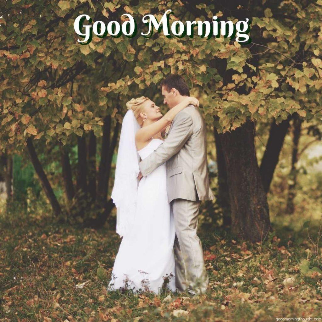 Happy newlywed young Caucasian couple! _Good Morning_ text