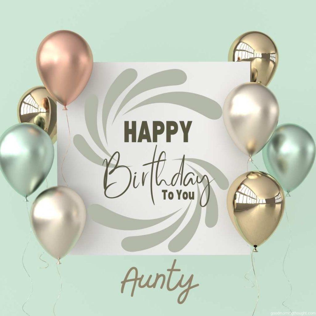 Illustration of glossy gold, colourful balloons, and white paper on a pastel-coloured background; 3D rendering of realistic balloons, Happy Birthday Aunt Images