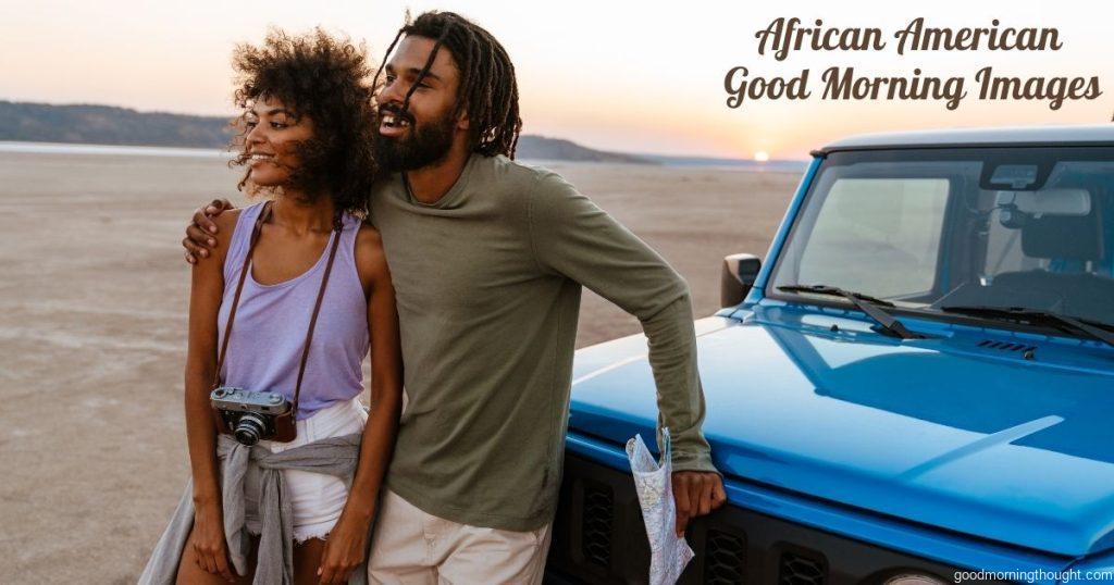 Image of a joyful African American couple hugging and smiling while travelling in a car in the desert. African American Good Morning Images