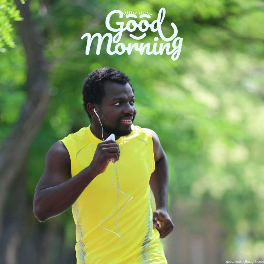 Man Listening to Music While Jogging in the Park, African American Good Morning Images