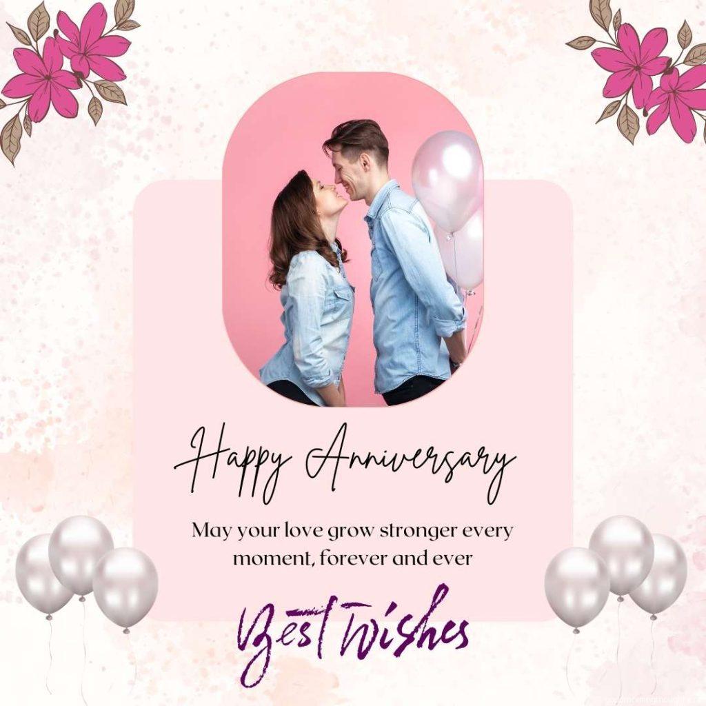 Pink watercolour background, Side view of couple holding balloons behind their backs and smiling on pink on the occasion of Happy Wedding Anniversary