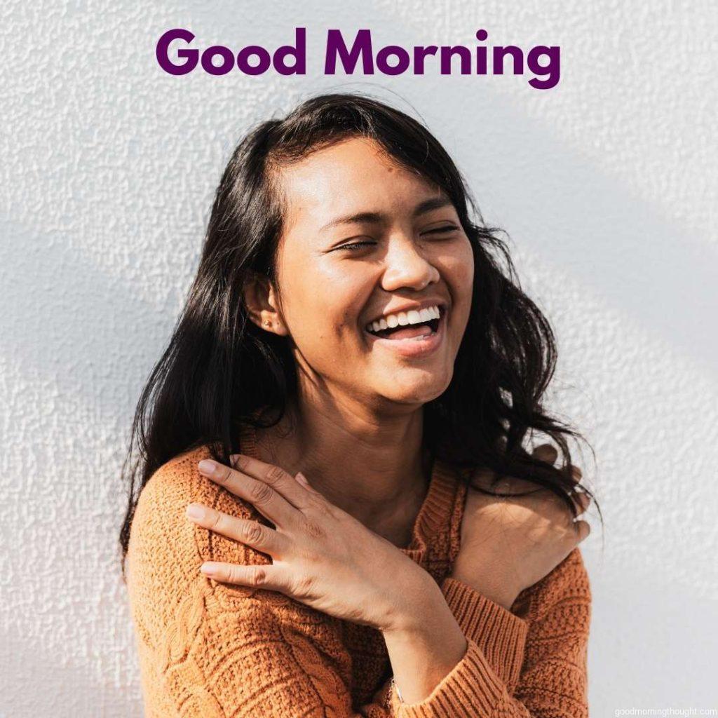 Portrait of a Happy Young Woman, _Good Morning_ text