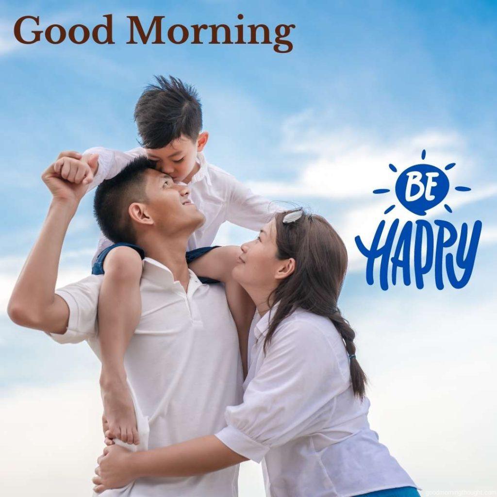 Portrait of a happy family_ mom, dad, and son playing together, _Good Morning_ text