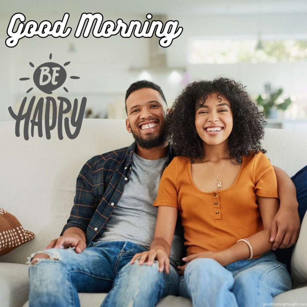 Shot of a happy young couple spending quality time together at home, _Good Morning_ text