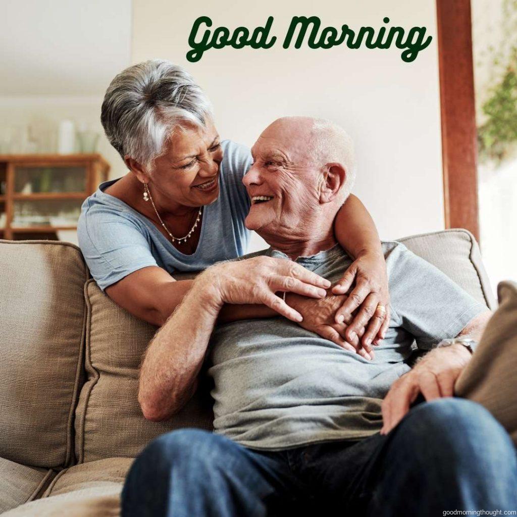 Shot of an affectionate senior couple spending quality time at home. _Good Morning_ text. Happy Good Morning Images