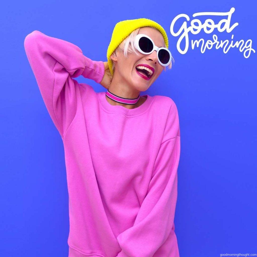 Stylish Happy girl in fashion accessories. Beanie Cap, sunglasses, and choker Colorful, trendy vibes, _Good Morning_ text