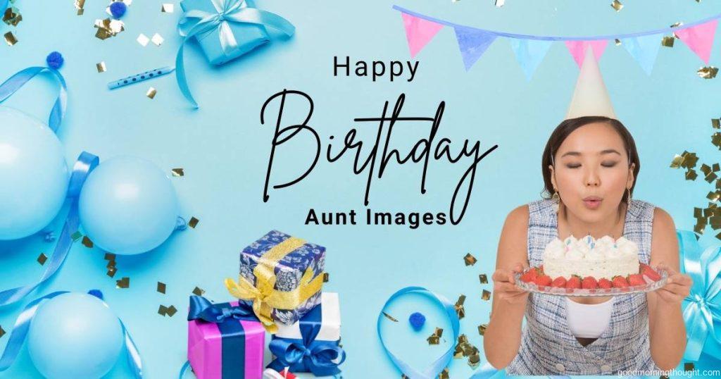 Young Woman Blowing Her Birthday Cake, Birthday composition on colour background with _Happy Birthday, Aunt_ text. Happy Birthday Aunt Images