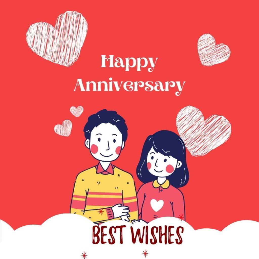 couple arm linked, dark red background, _Happy Anniversary_, _Best Wishes_ illustration