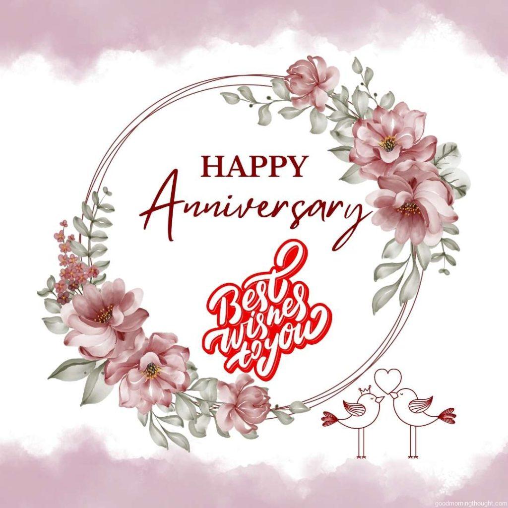 flower frame circular with flower maroon and leaves, best wishes for Happy Anniversary