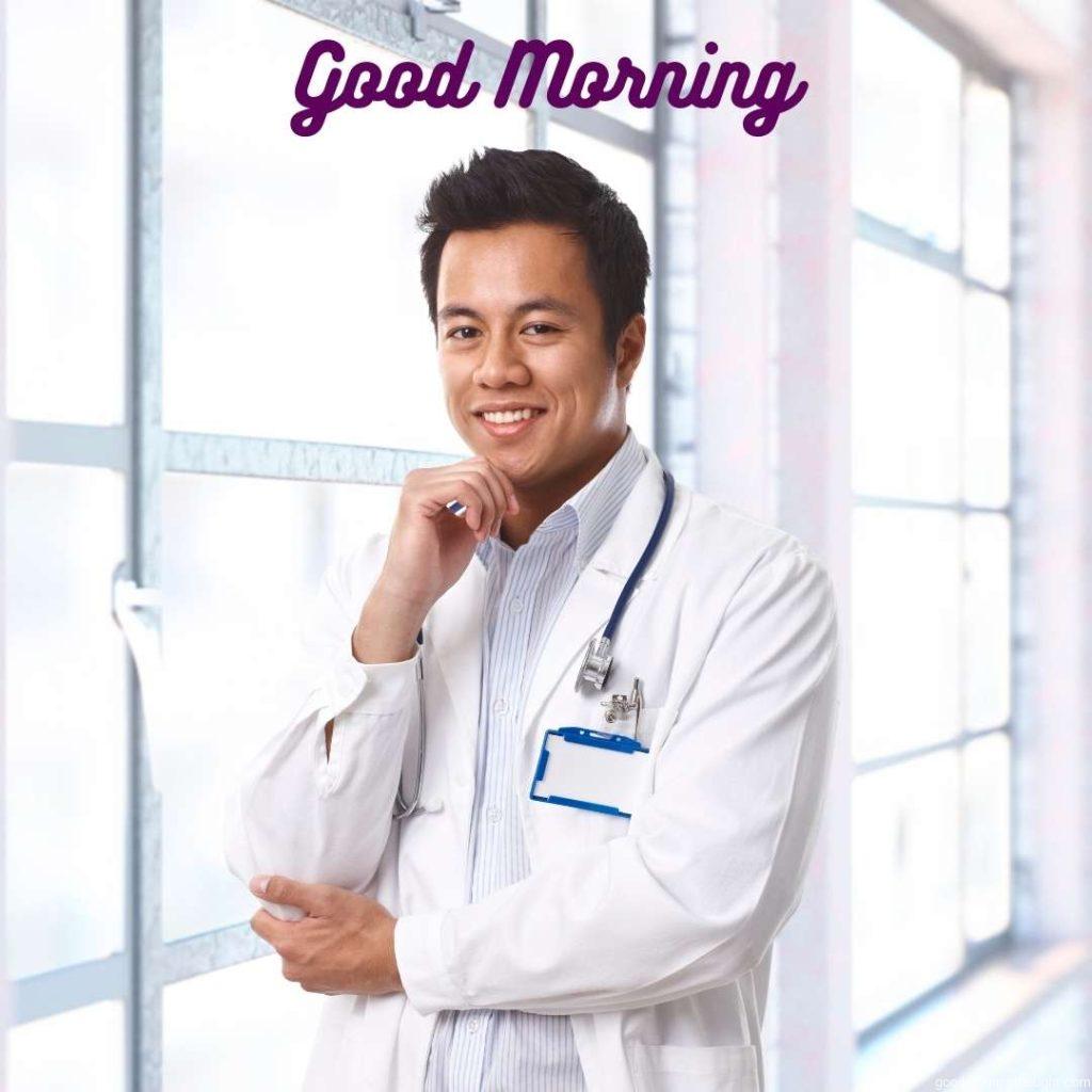 happy young Asian doctor on the hospital corridor, smiling, _Good Morning_ text