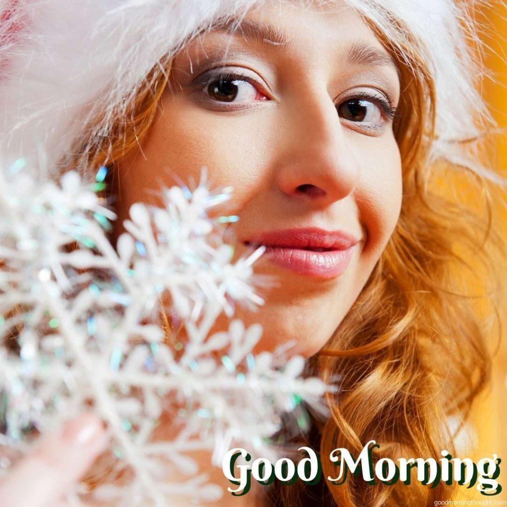 image of a girl wearing a Christmas hat, Happy Good Morning Images