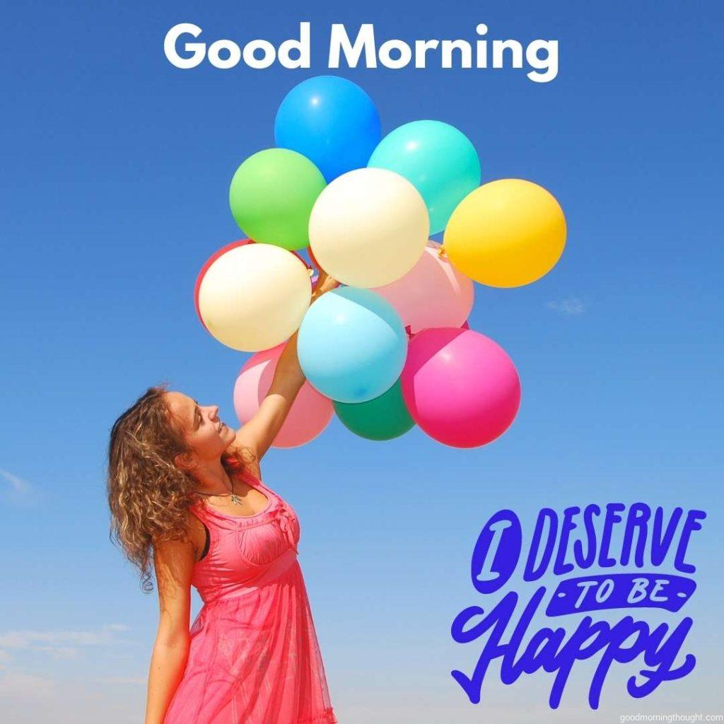 young happy woman with balloons over the sky, Happy Good Morning Images